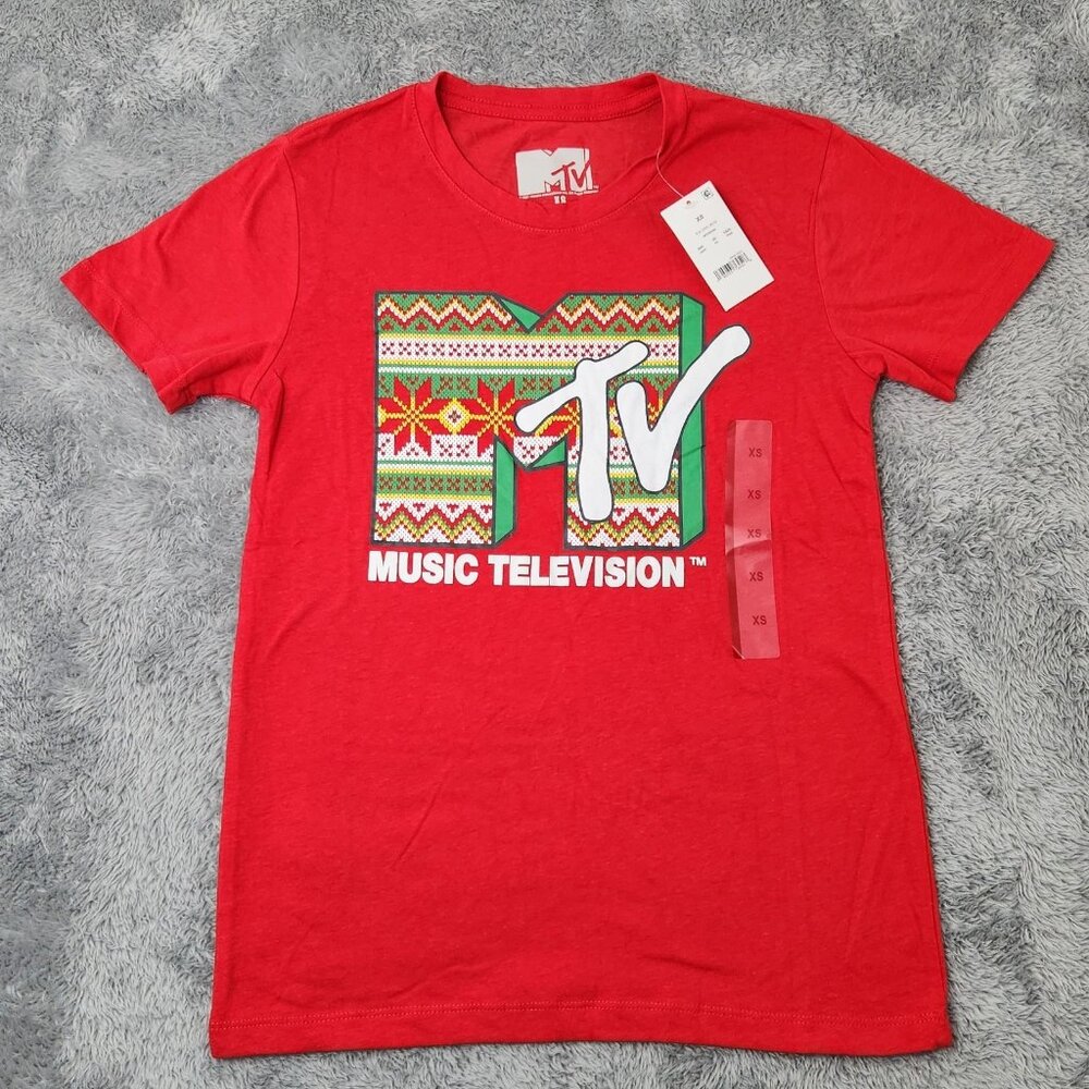 MTV Music Television T-Shirt Womens XS Red Ugly Sweater Graphic‎ Cotton Xmas Tee